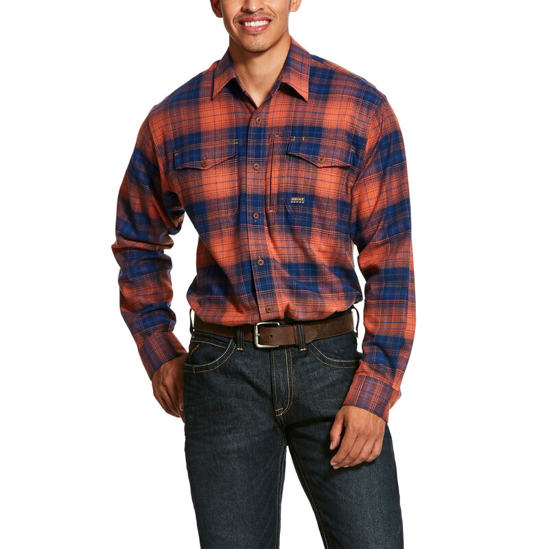 Ariat Work: Rebar Flannel DuraStretch Camisa Hombre - Naranjas / Azul Marino (HFZAB7058)